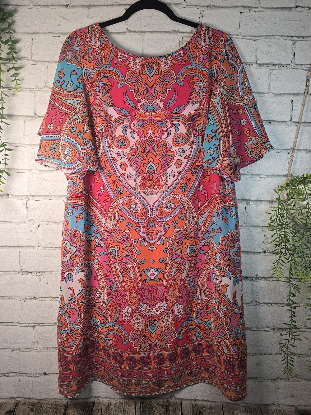 AGB SHIFT DRESS FLUTTER SLEEVE PINK ORANGE PAISLEY GEOMETRIC BOHO WOMENS 14